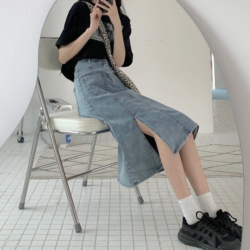 ブルースカート ハイウェストウェストAラインサマーロング 夏物 試着室70102020525