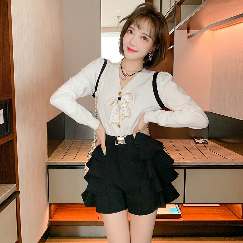 Vネックニットカーディガンハイウェストウェストショーツ オータム リボン 秋物 ブルマー MIUCO24808271771