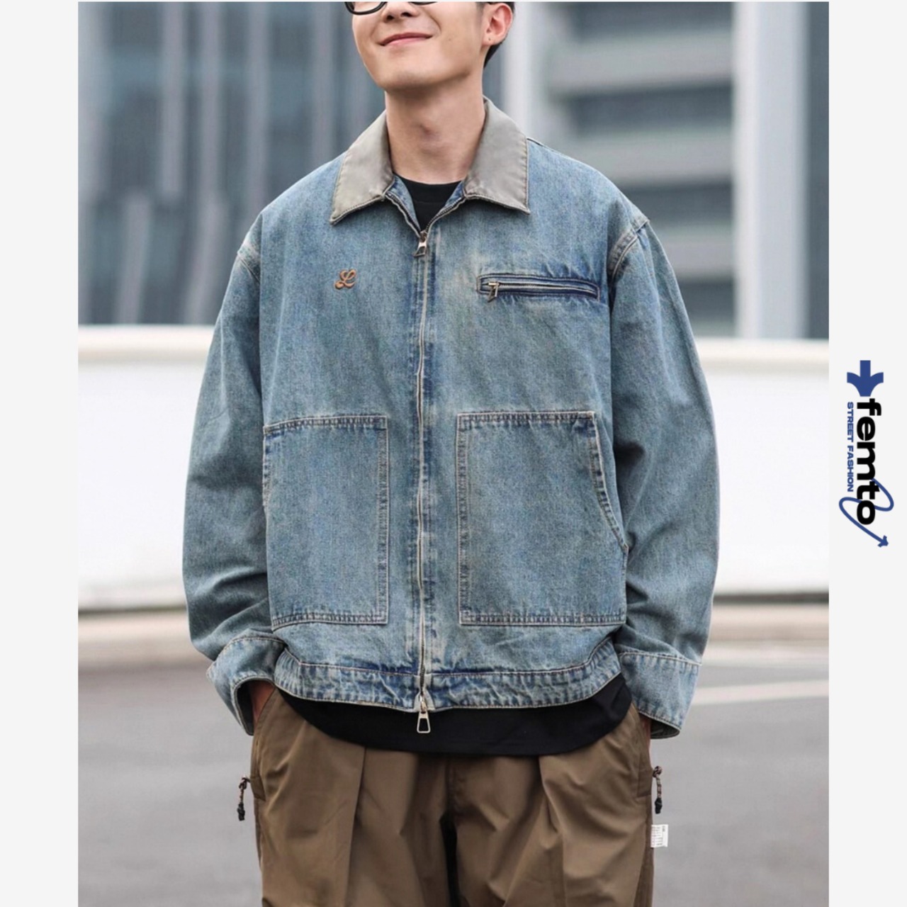 Patch pocket zip-up denim jacket 0180 - 1