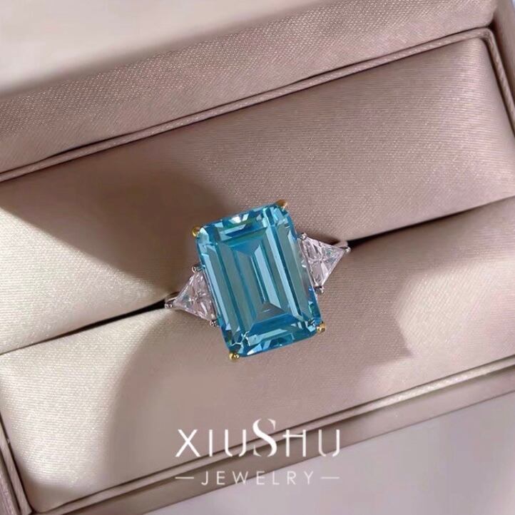 10カラット 人工アクアマリン 3石 長方形 グリーン 高炭素ダイヤモンド