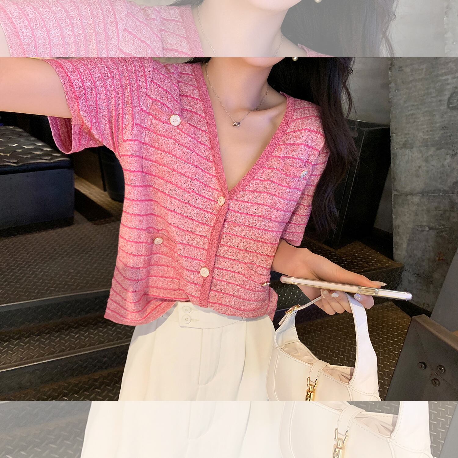 Vネックショートニットカーディガンサマーストライプブラウス トップス 大人ガーリー スウィート キュート カジュアル 夏物 6Du_Shop_Women30168149430