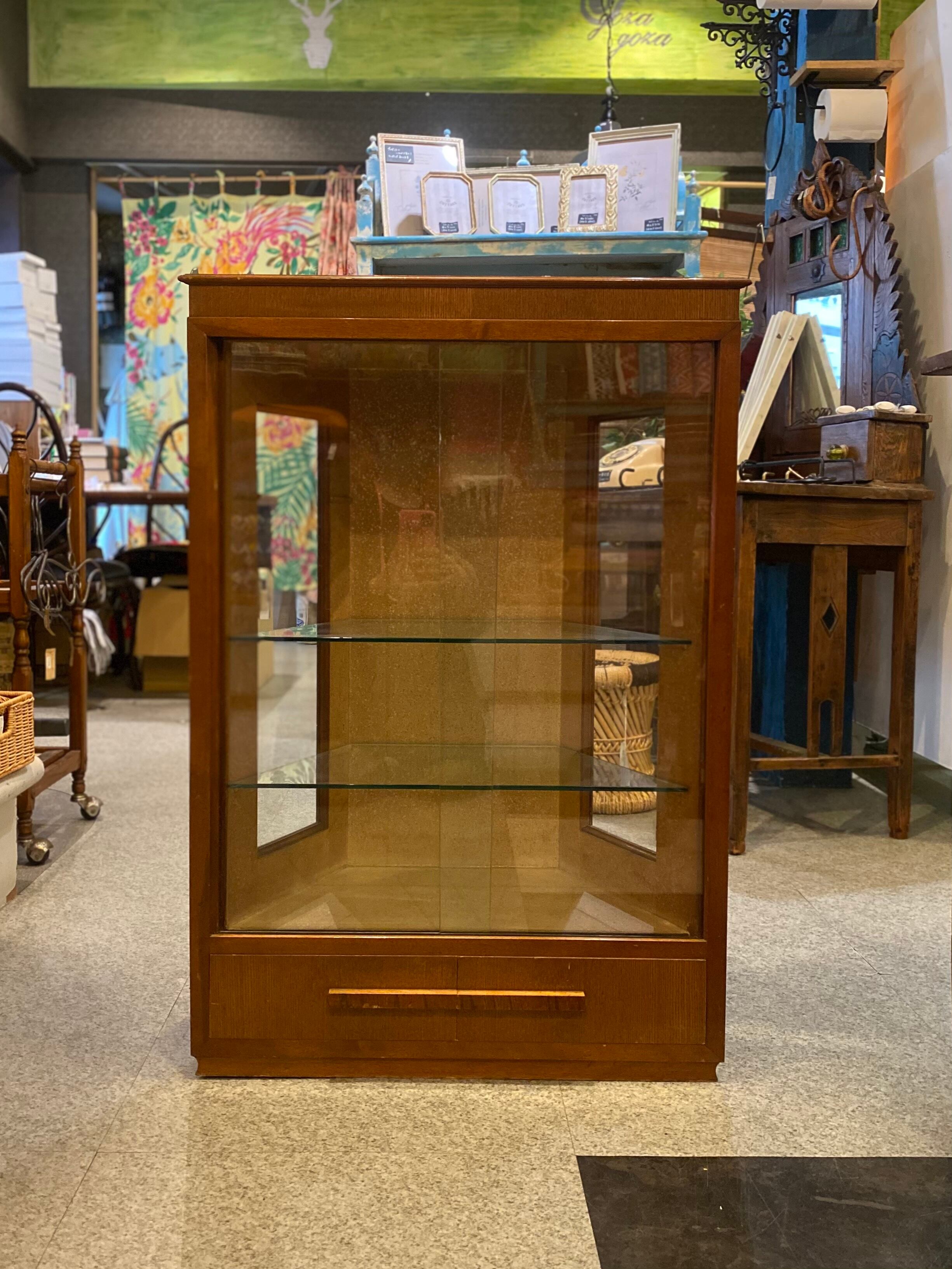 昭和 アンティーク コーナーガラス棚