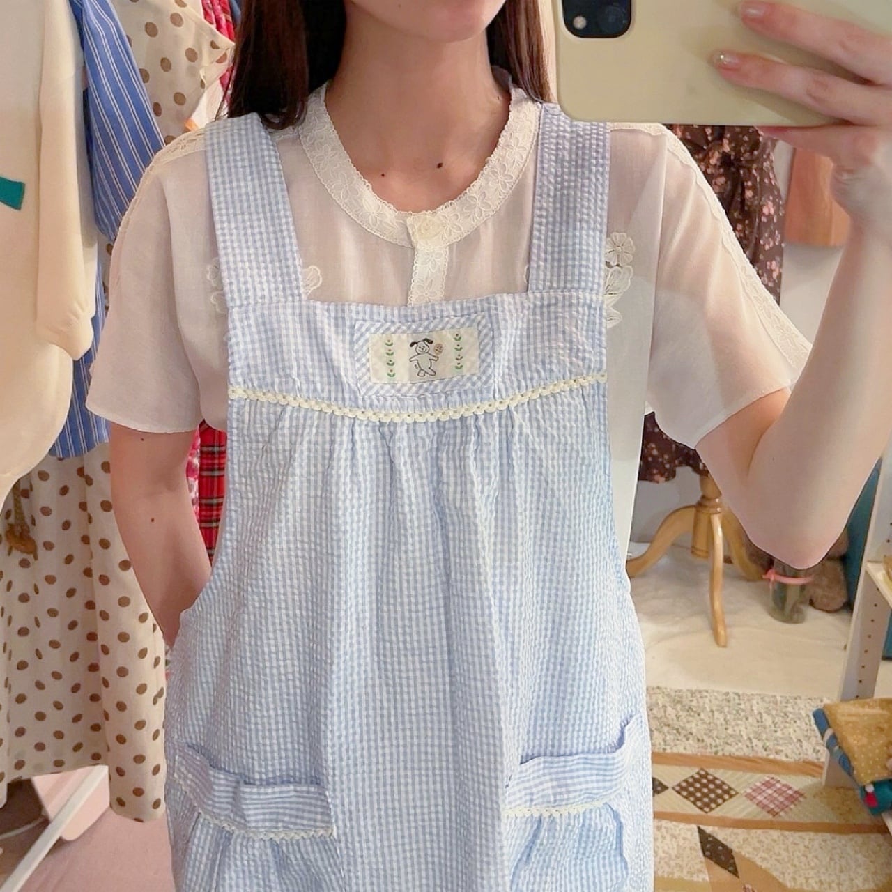 dog wappen gingham seersucker apron