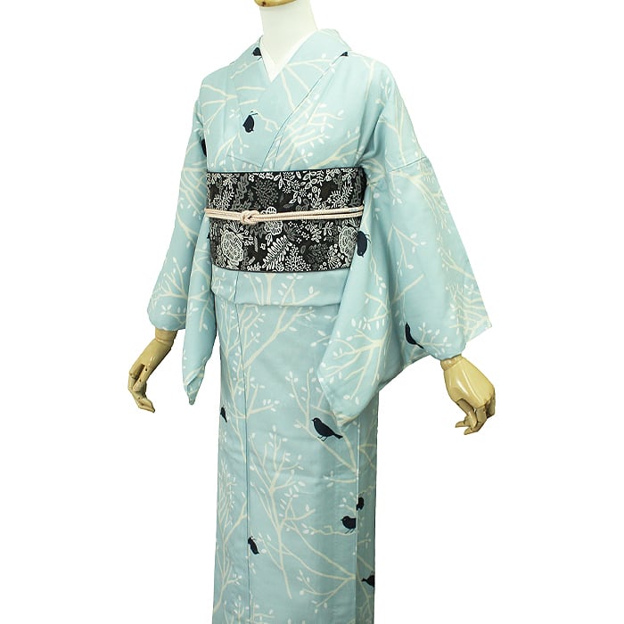 単衣小紋 洗える着物 自然 水色 小鳥柄 ナチュラル かわいい きもの 9月 6月 裏地なし 着物