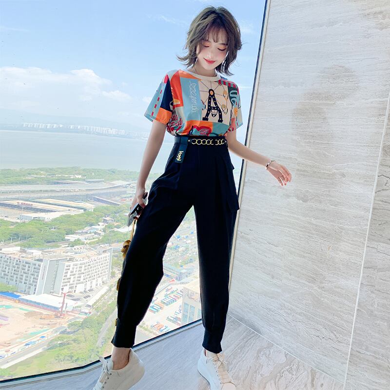 カラープリントラウンドネックTシャツ ハイウェストウェストチェーン カジュアルパンツ サマー 夏物 Oネック MIUCO55924895883