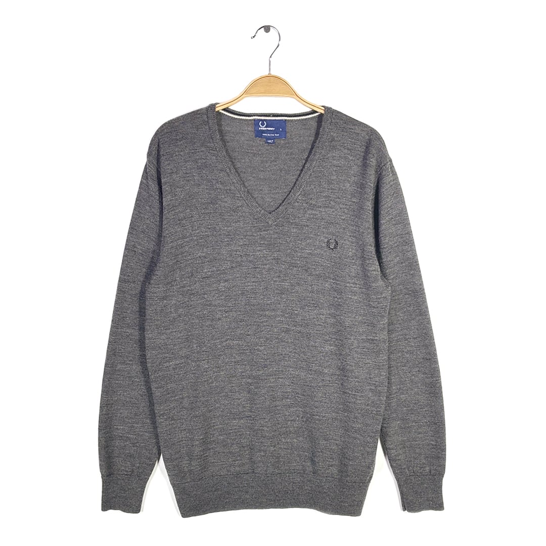 フレッドペリー メリノウール Vネックセーター ウールセーター ワンポイントロゴ グレー FRED PERRY サイズL 古着 CH1097