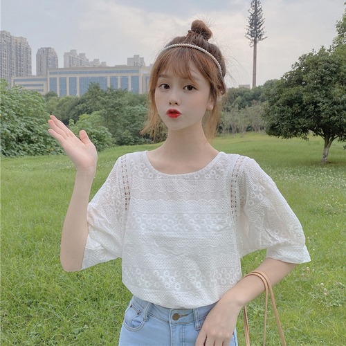 ✞ サマーラウンドネックレースシャツブラウス ランタンスリーブ 夏物 ✞ゴスロリ SM ミリ 甘ロリ クラロリ 和ロリ エレガント 黒ロリ 姫ロリ 華ロリ BB-BB3027466