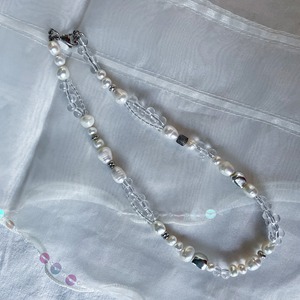 Freshwater pearl double clear line necklace ( white. )
