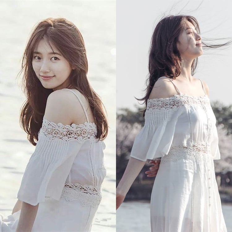 オフショルダー 花レース ナチュラル ワンピース