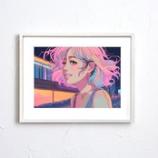 Bob Girl Ⅵ｜レトロでかわいいパステルガールのアートポスター｜優しい色彩が空間を華やかに彩る北欧ガーリーインテリアに映える一枚A2ポスター