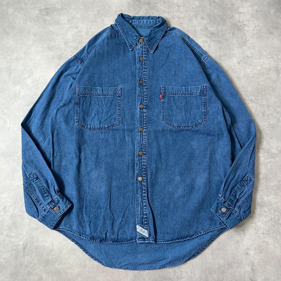 Levis リーバイス デニムシャツ 古着 Wポケット 無地 M 青 17243
