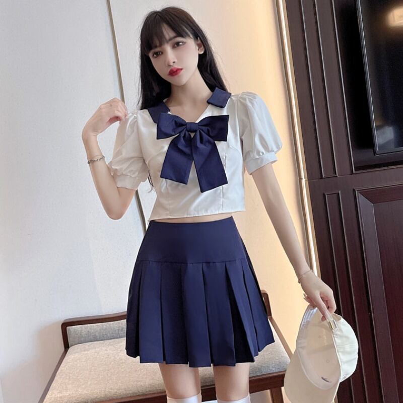 ネイビーカラースタイルButterflyデザイン シャツ ハイウェストウェストプリーツスカート 大人ガーリー スウィート キュート カジュアル ハンチェンe15954267172