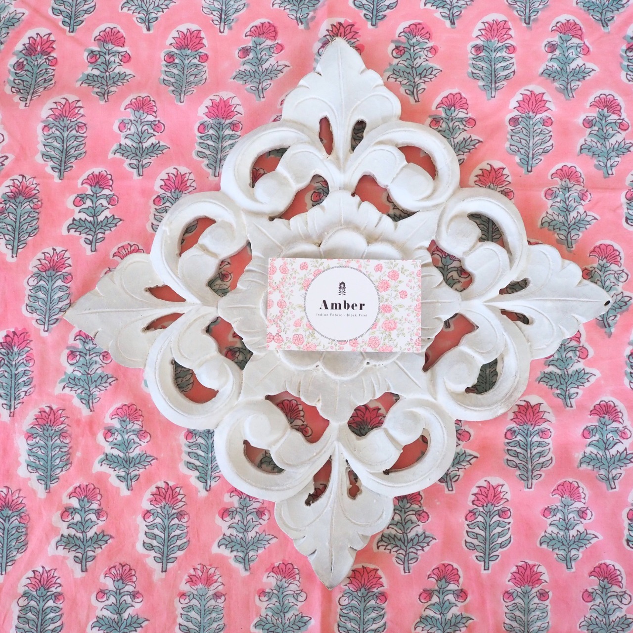 ブロックプリント生地【50cm単位】インド綿 小花柄 ピンク×カーキ #10110-PK1