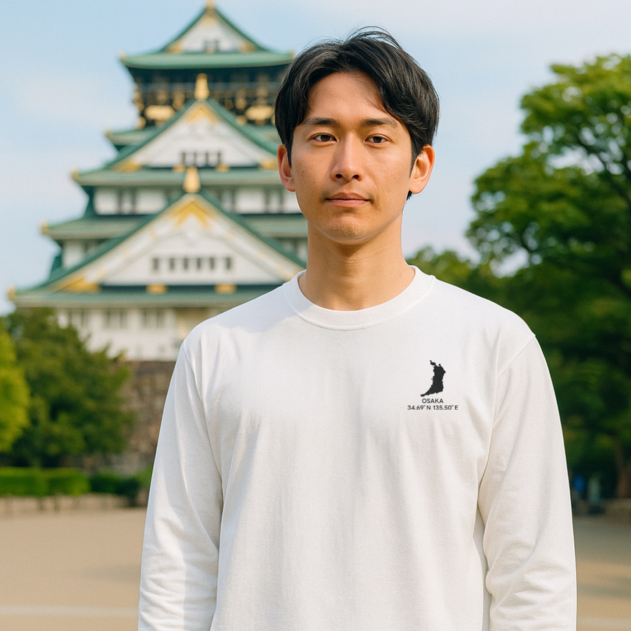 《大阪》 緯度経度ミニマルロングスリーブTシャツ|地図×地名×ワンポイントデザイン