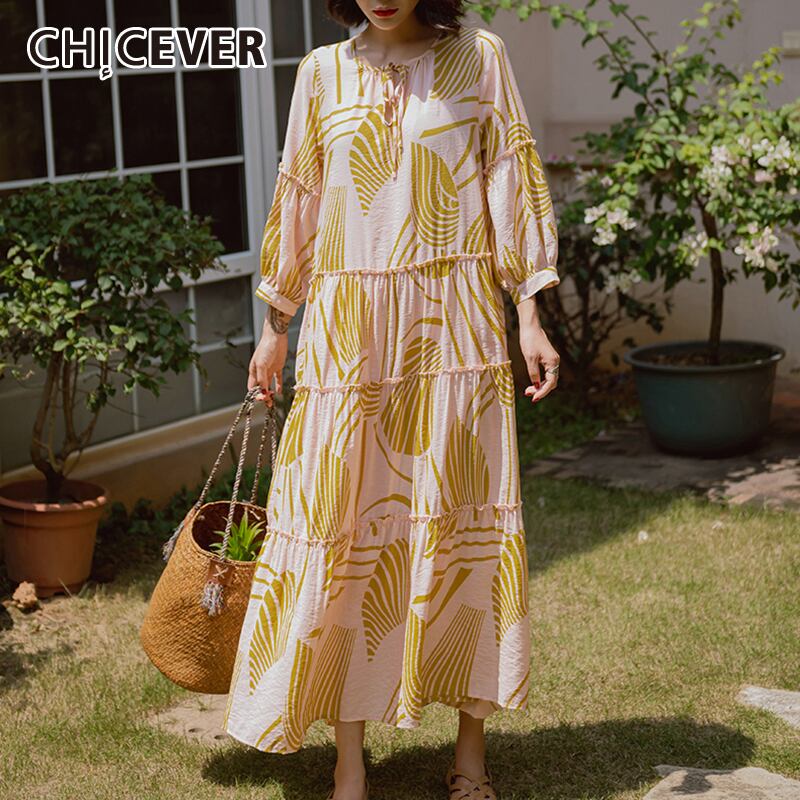 CHICEVERプリントヒットカラードレスOネックパフ長袖レースアップラージサイズルーズマキシドレスレディース2020服 ロング 大きめサイズ 6base582786966414