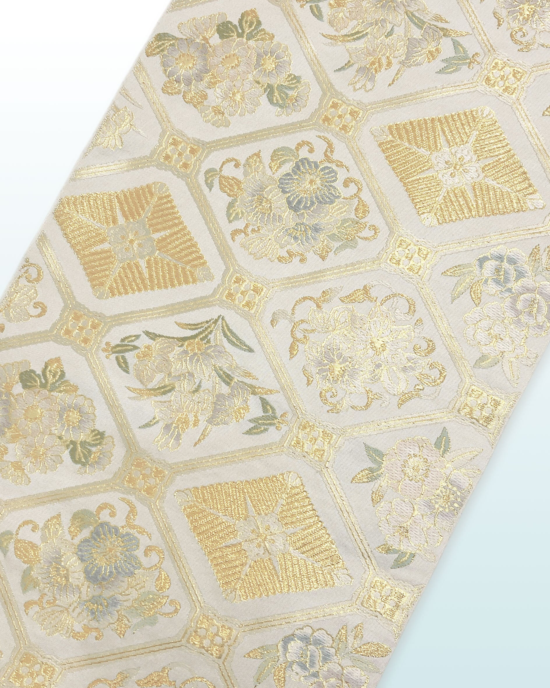 (袋)練色地 格天井文様袋帯 全通柄 LUOGR-070(リユース品)