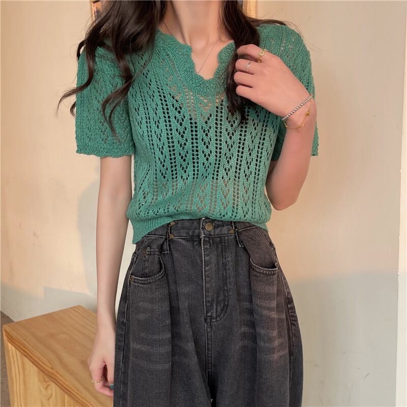 サマースタイルVネックルーズ薄手ニットトップス レディース 夏物 ハンチェンe94174210671