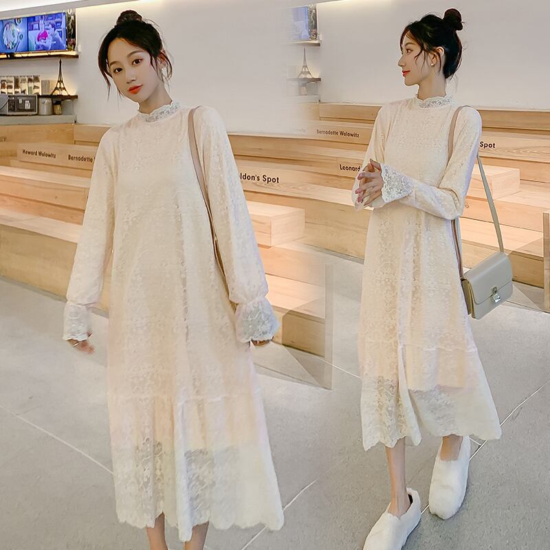 【新作】【送料無料】 ママ長袖授乳ドレス妊婦春秋マタニティドレスレース母乳育児ドレス ロング スプリング 春物 オータム 秋物 AL expec356668650818