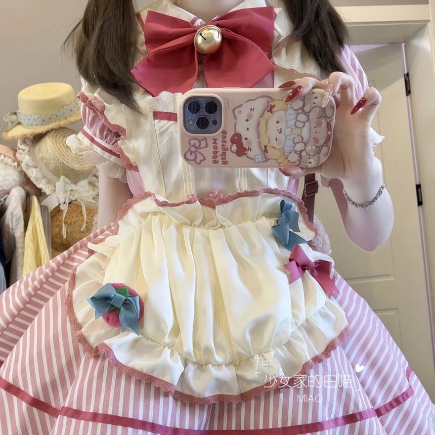 甘ロリ ピンクのストライプメイド服 コスチューム イベント コンカフェ