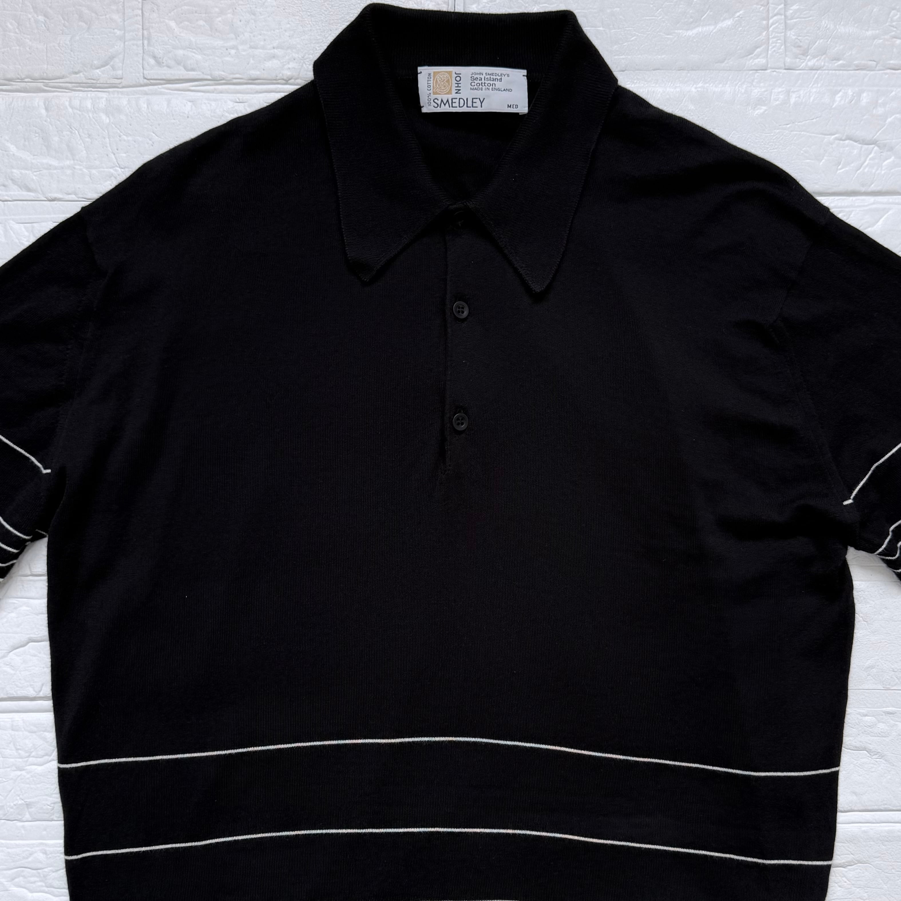 ジョンスメドレー シーアイランドコットン ボーダー 半袖ニットポロ S 英国製 JOHN SMEDLEY 旧タグ シーアイランドコットン パネルボーダー 半袖