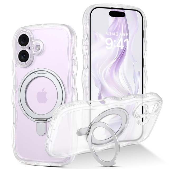 GUAGUA iPhone 17ケース マット肌触り ウェーブ Magsafe対応ケース いPhone 17 ワイヤレス充電 回転スタンド ソフトうねうね かわいい 人気 韓国 耐衝撃 おしゃれ 黄ばみなし あいふおん17 米軍規格 耐衝撃 マグセーフ リング マグネット ストラップホール付き なみなみ アイフォン17 用カバー