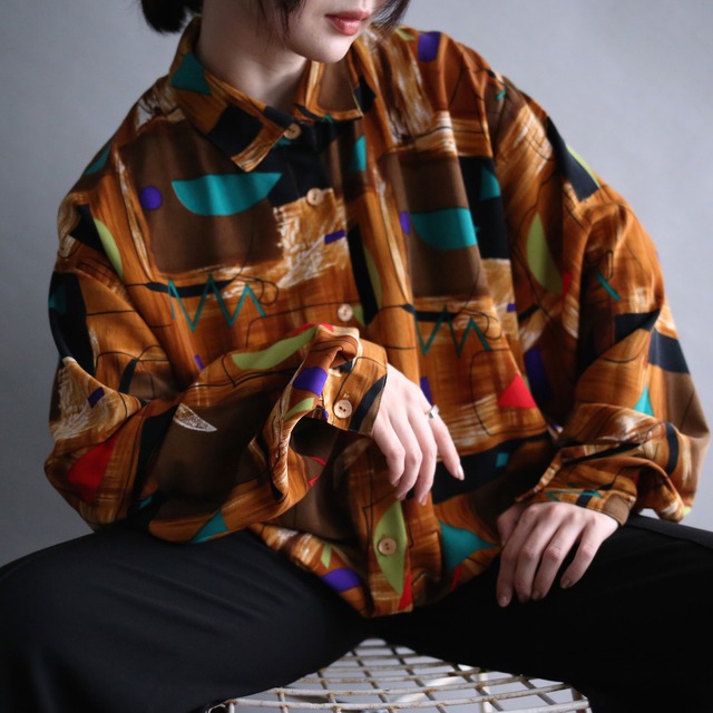 brown base geometry colorful art pattern super over size shirt