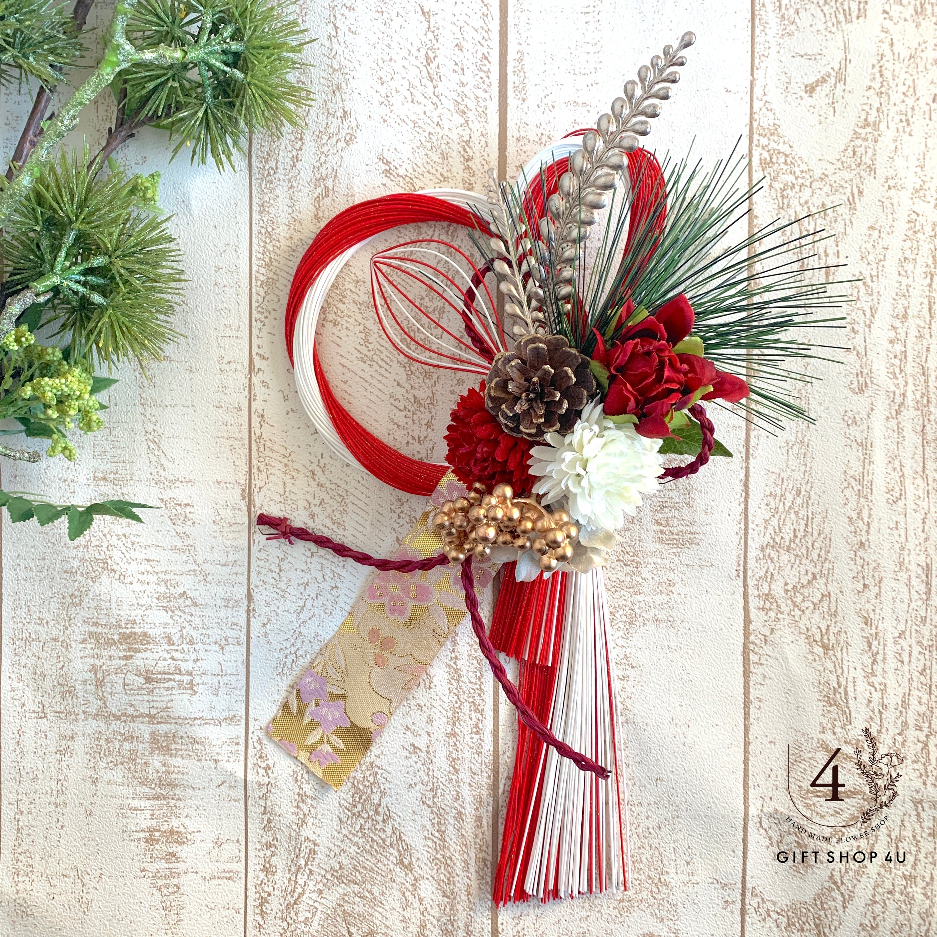 お正月】お正月お飾り 陽光水引飾り（レッド×ホワイト） 水引 椿