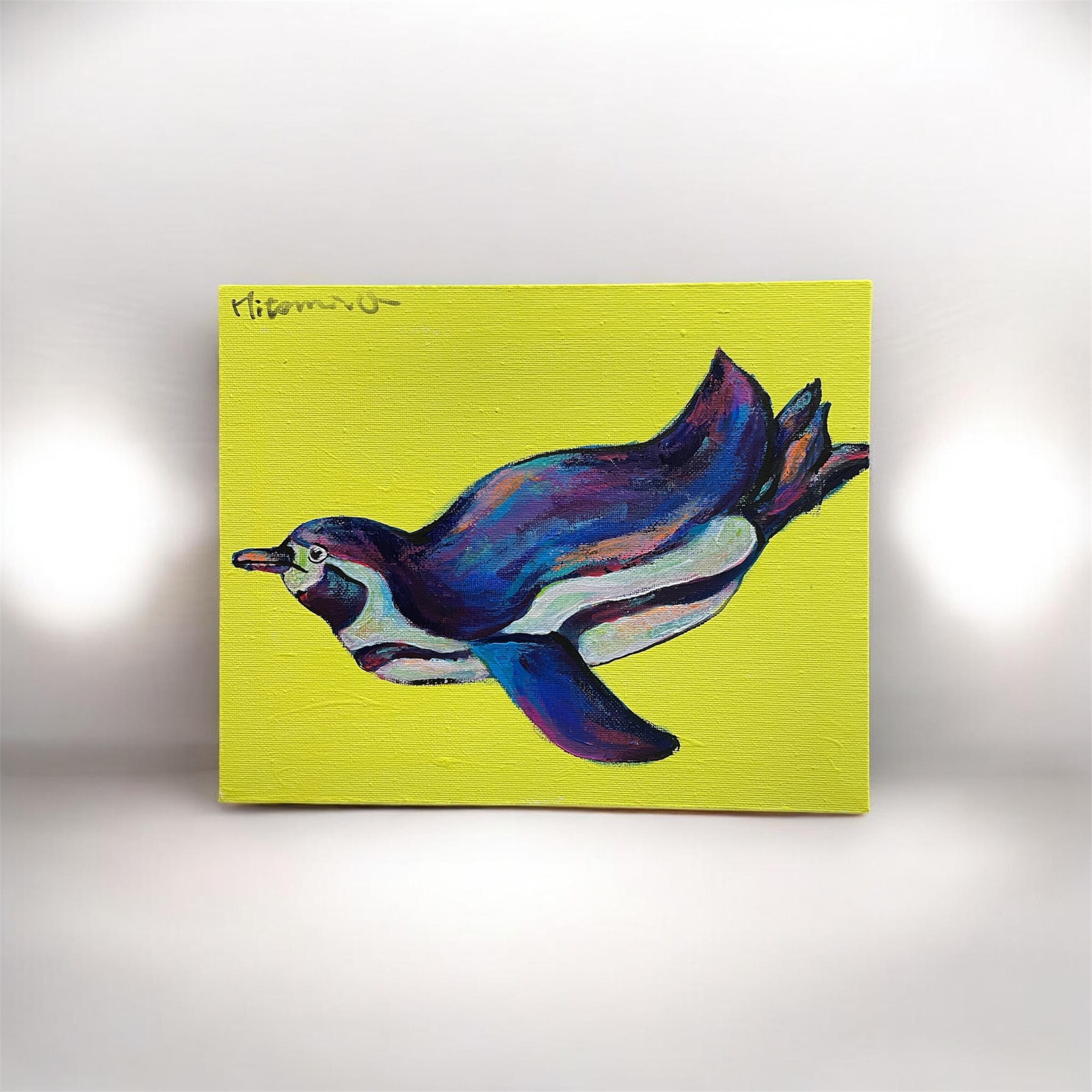 A-112/26】原画 絵画 動物画 ペンギン カラフル 27.3×22cmキャンバス