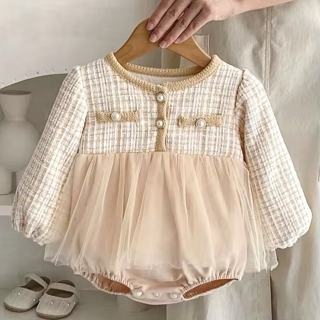 【取寄】クラシカルガーリーなツイードチュールワンピース風ロンパース