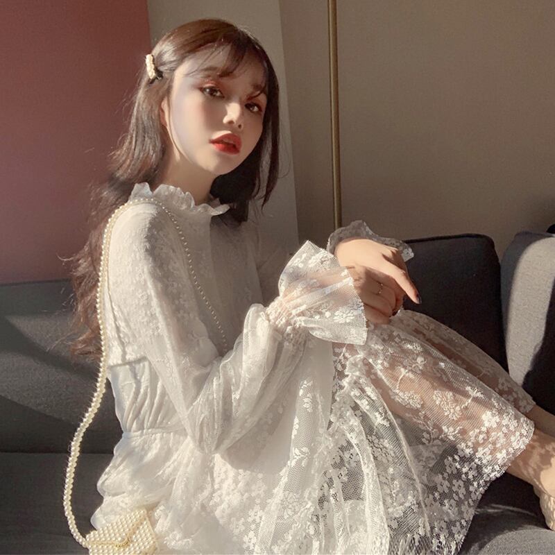 スプリングオータムウィンターレースドレス Aラインスカート 大人ガーリー スウィート キュート カジュアル 春物 秋物 冬物 萌量不足73097029085