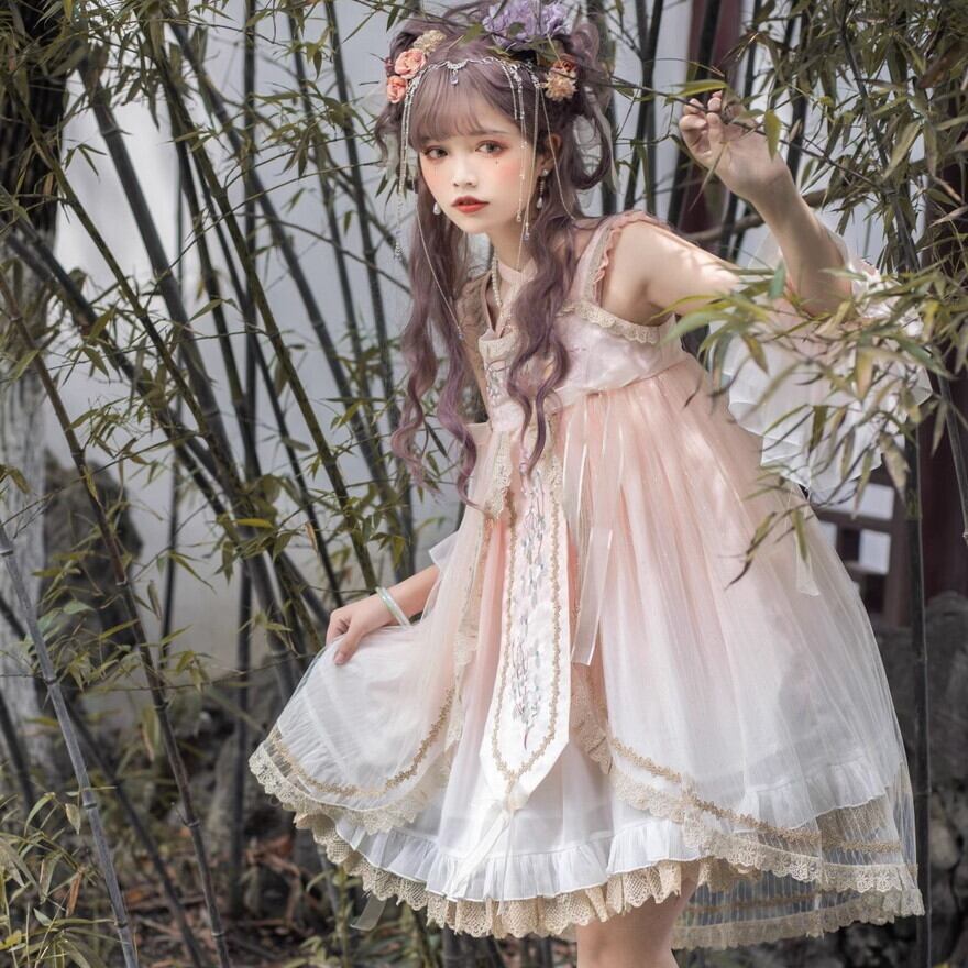 花柄アンティーク♡ロリータセットアップ 華ロリ セットアップ 付け袖 JSK 中華刺繍 花柄 ガーリー 甘め 量産型