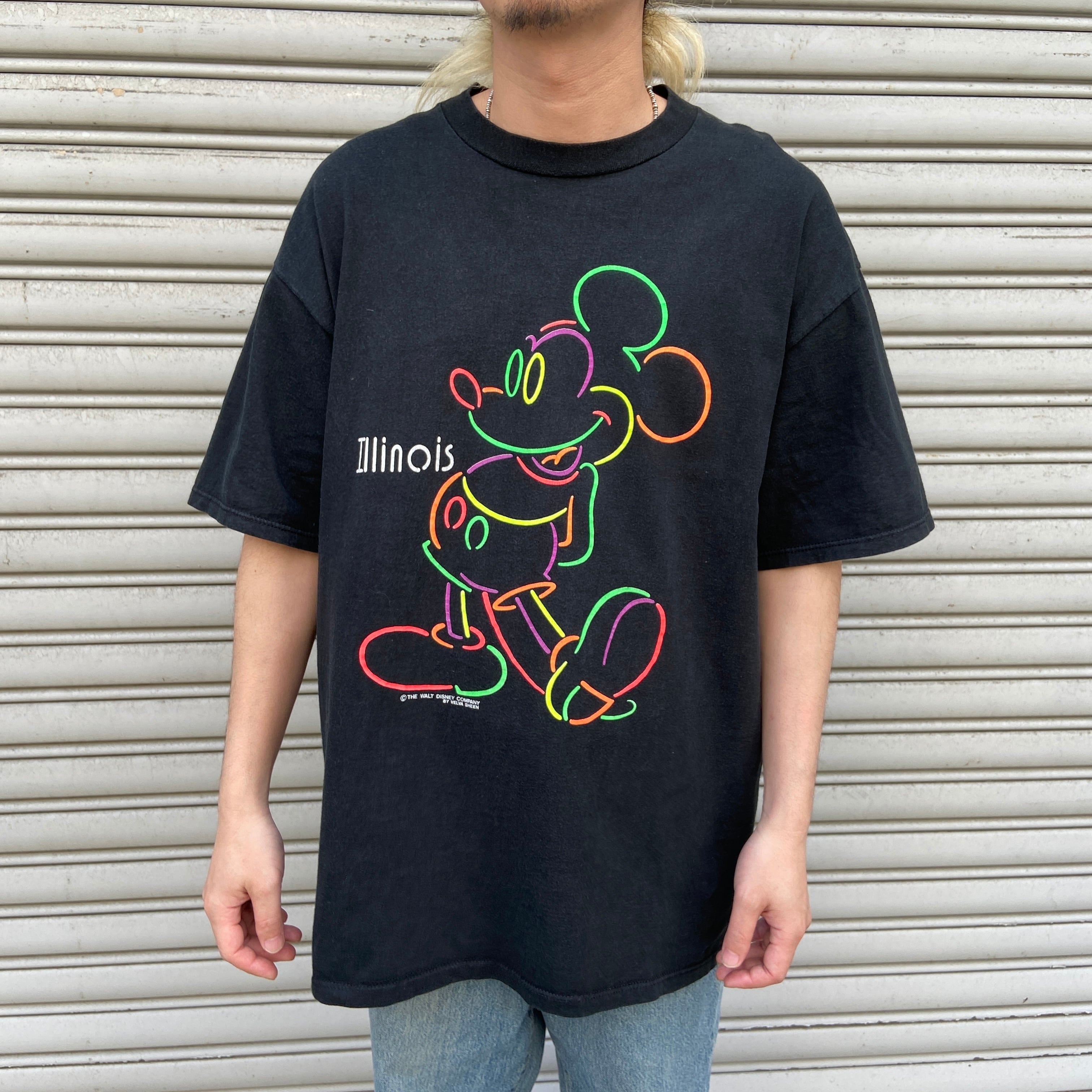 90s ネオンサインミッキー 半袖Tシャツ 黒 L USA製 ベルバシーン