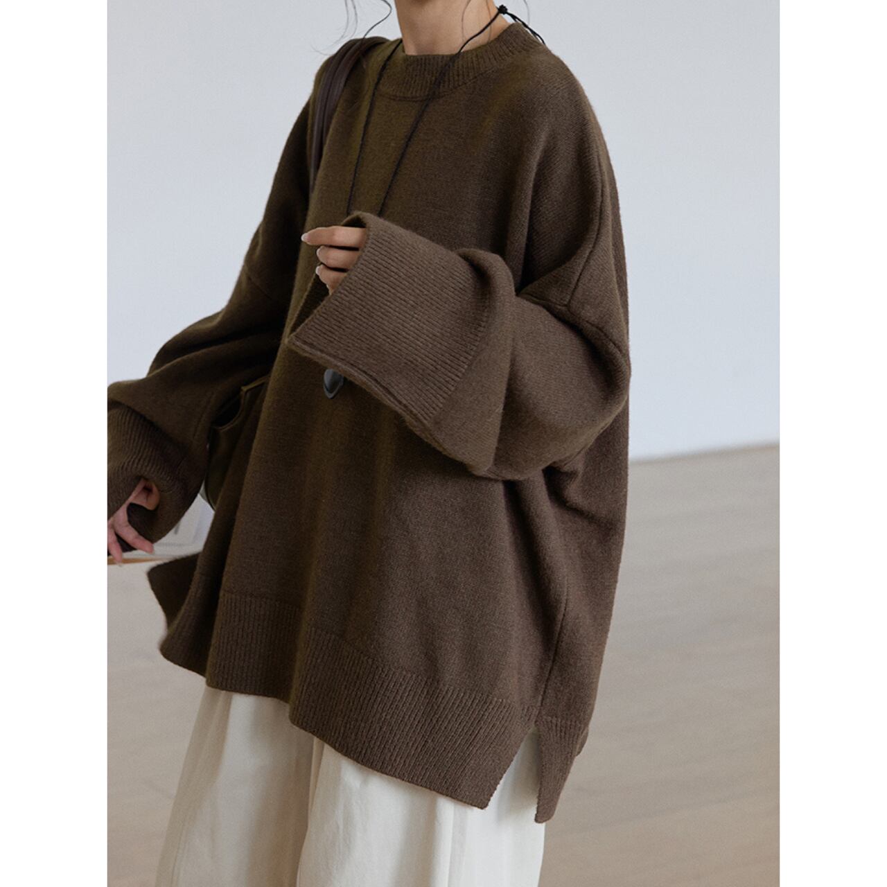 ワイドスリーブクルーネックニット a0639