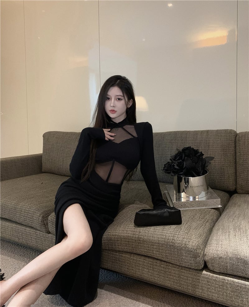 【新作】【送料無料】 新しいホットガールメッシュスプライシング長袖ドレス女性の春と秋のスリットセクシーなロングヒップカバースカート 0218283991631