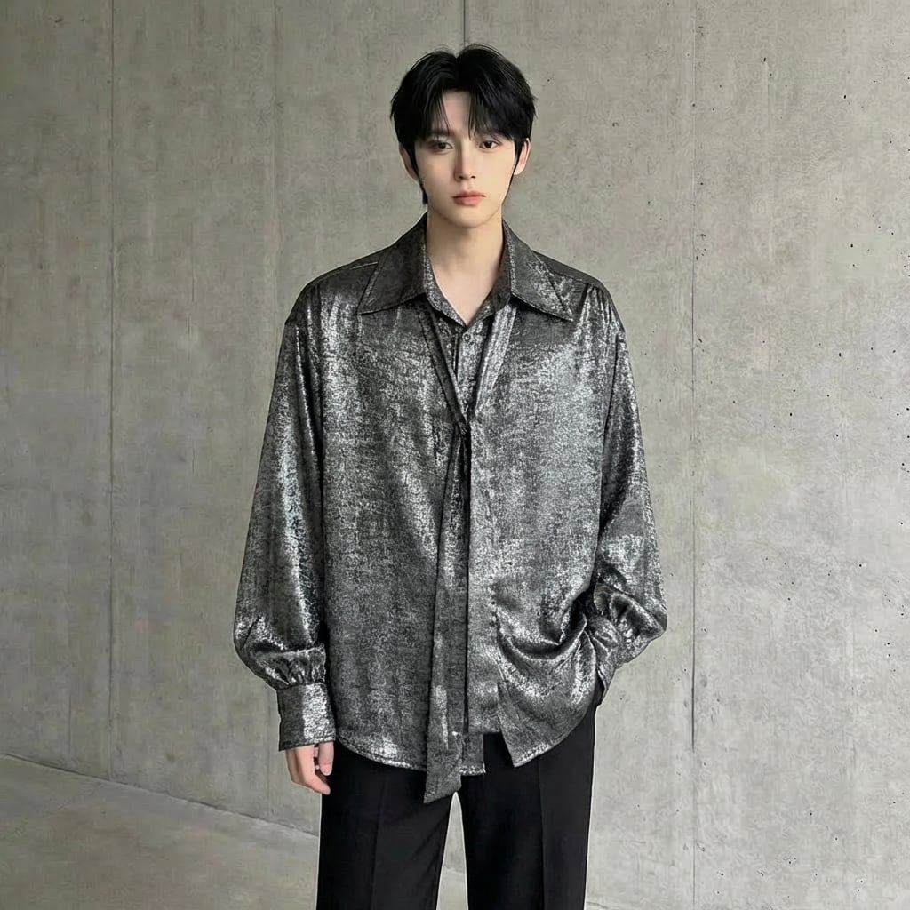 エレガント ドレープボウタイ光沢シャツ D11247