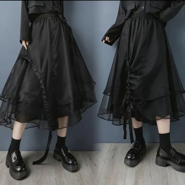 BLACK ORGANZA LAYERED DRAWRIBBON TRIMMED A-LINE MIDI SKIRT 1color M-16588