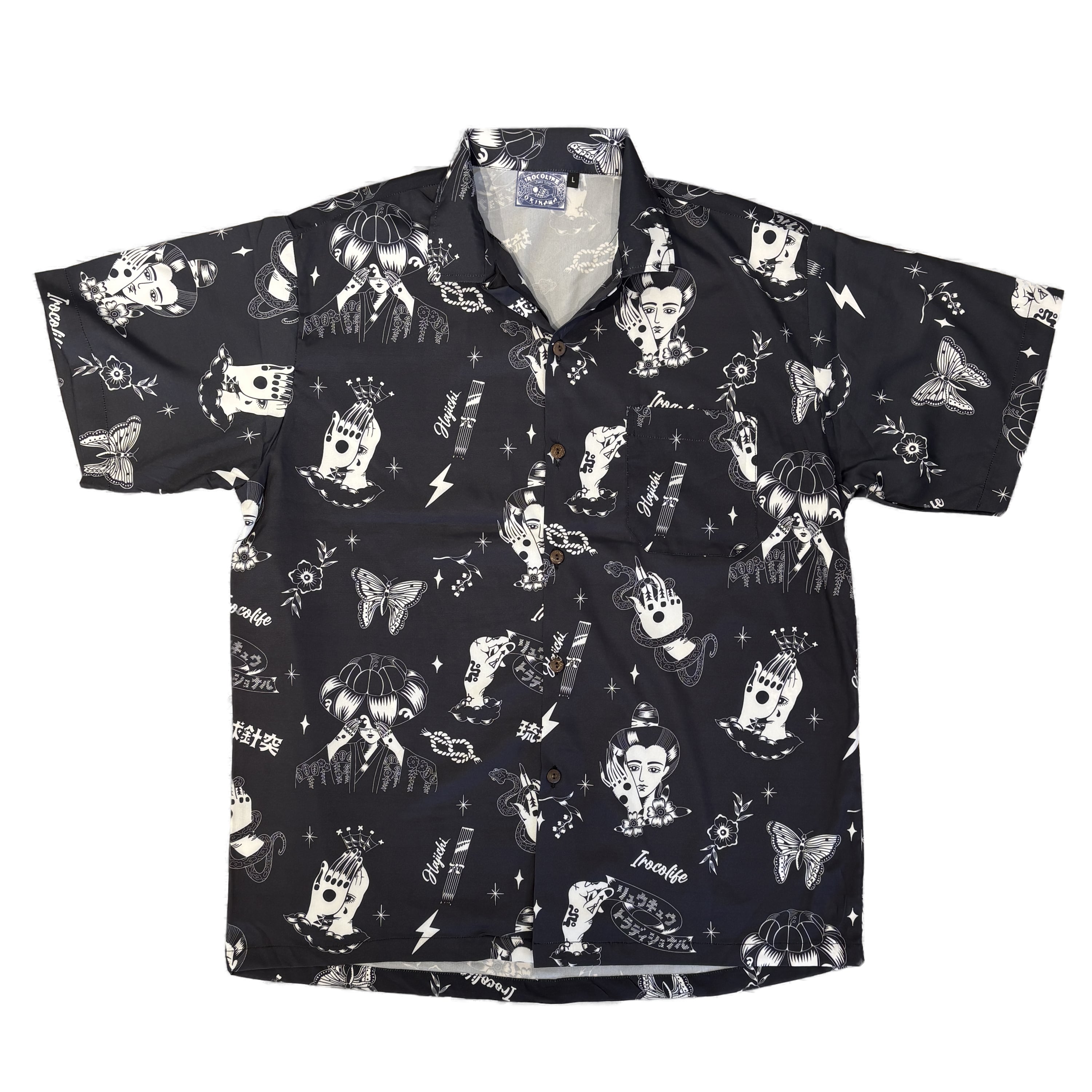 schott タトゥー柄 長袖シャツ Lブラックアロハシャツ