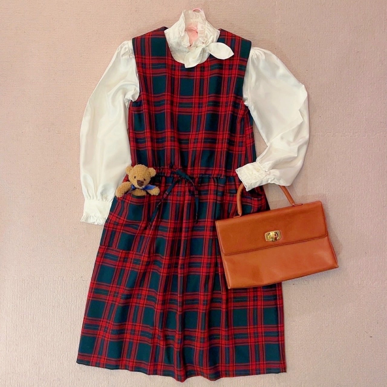 red check back button jumper skirt