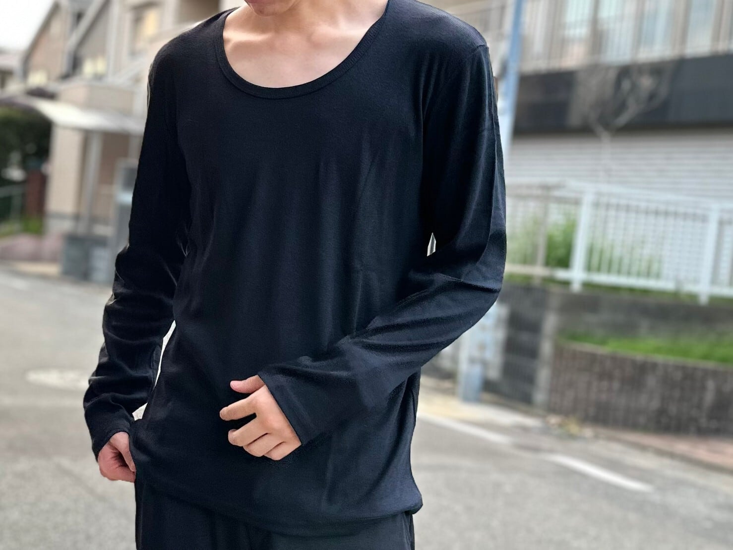 フライスカットクルーネック長袖Tシャツ BLACK
