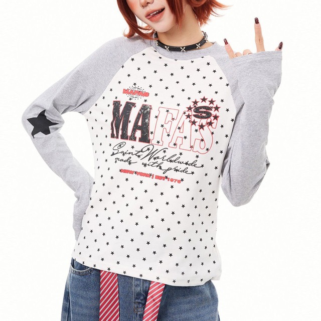 マルチスタープリントレタリングラグランTシャツ 2col   R02564