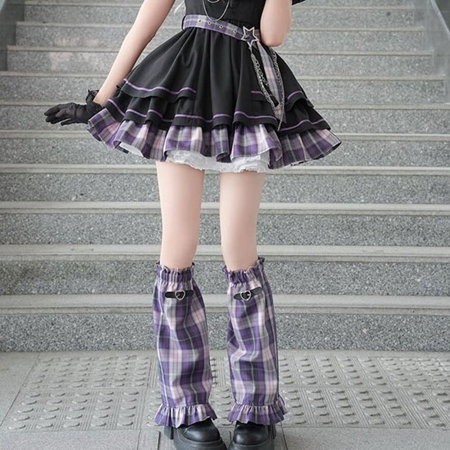 フリル付きグレーアイドル風トップス アイドル衣装｜チェック切替フリルワンピ＋レッグカバーセット ライブ