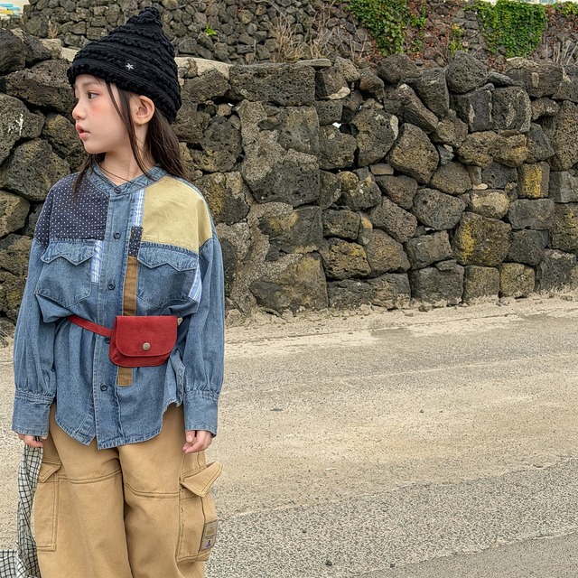 パッチワークデニムシャツ（ブルー）ADBB 2026春｜80-130cm｜トップス｜ノーカラー｜パッチ ［取寄］