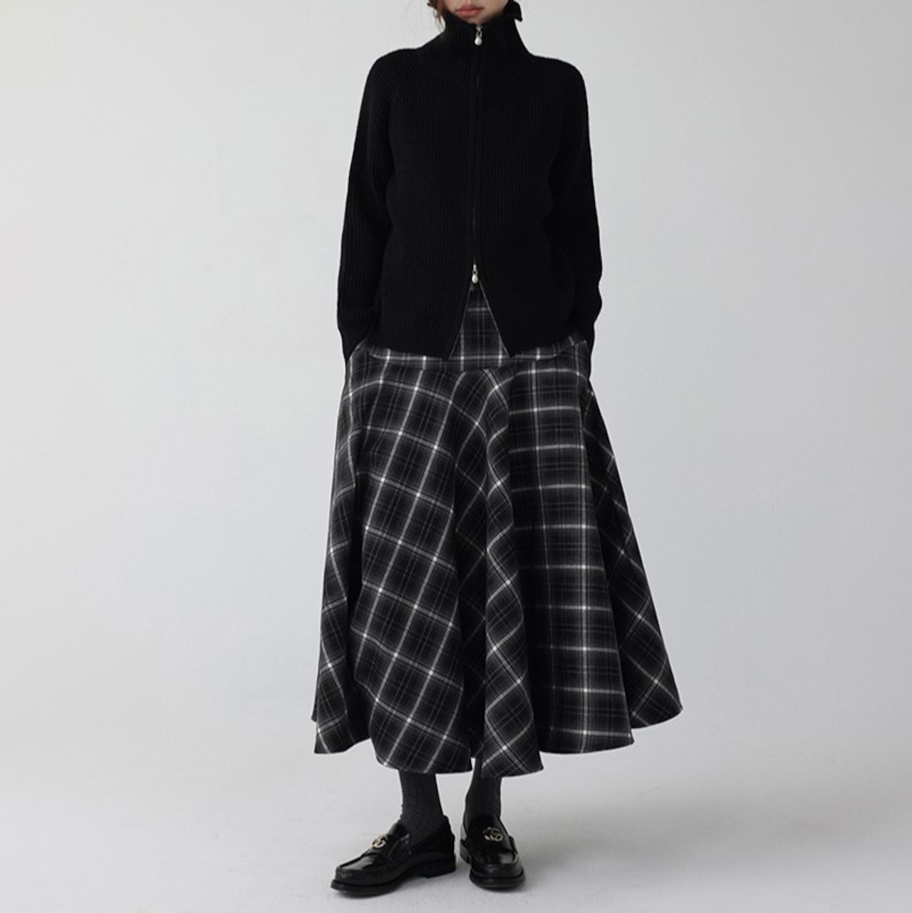 ダブルジッパーリブハイネックニットカーディガン H0050