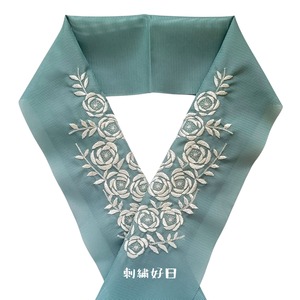 刺繍半衿 アンティーク復刻 巻き薔薇刺繍半衿 絽 灰緑　※２枚再販！！