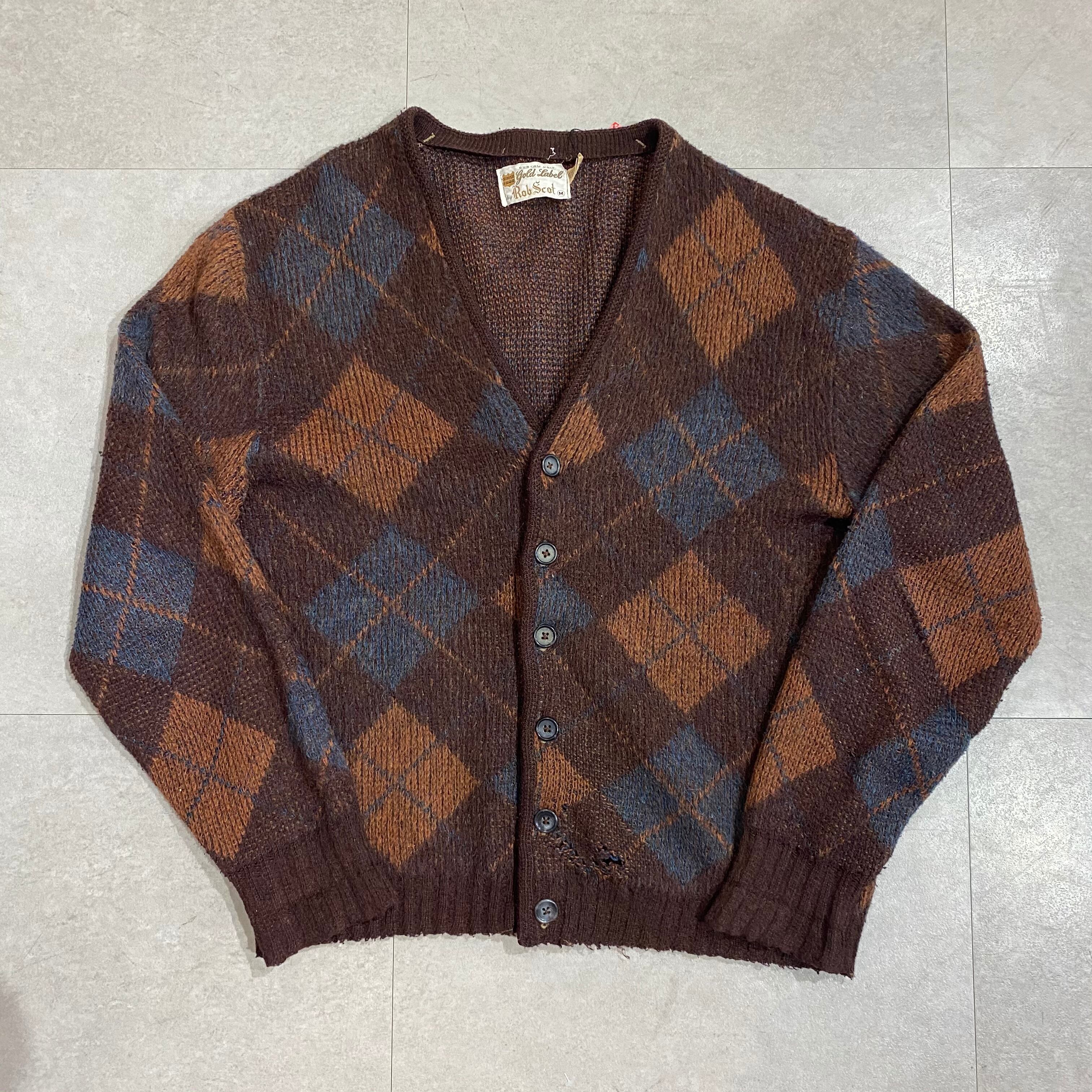 60年代〜 Size: M 【Rob Scot】モヘアカーディガン アーガイル 茶色