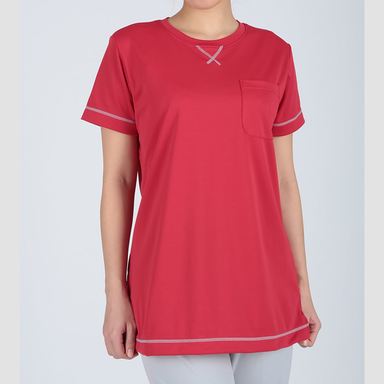 FY-3001【レッド】介護ユニフォーム レディース 後ろポケットTシャツ