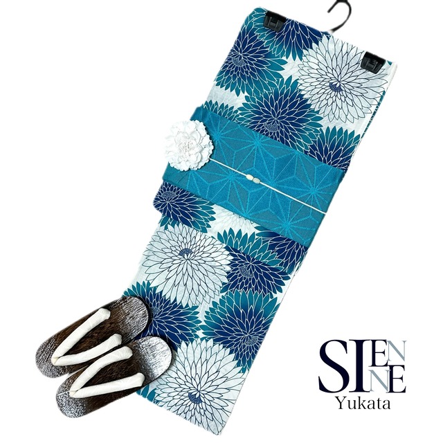 浴衣ジェンヌ 浴衣5点セット 青 ターコイズ 白 綿 ゆかた 半幅帯 浴衣