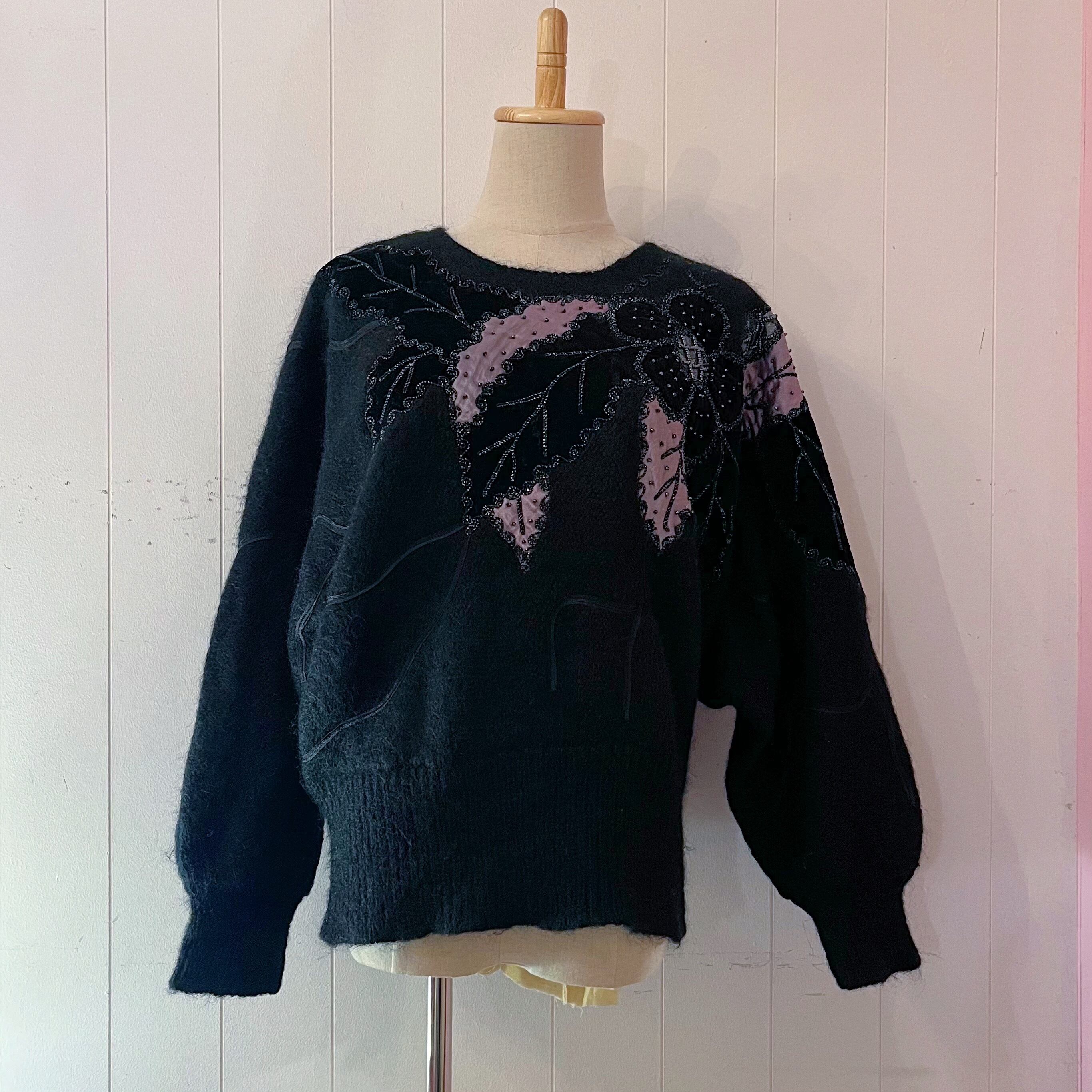 beads flower black dolman sweater