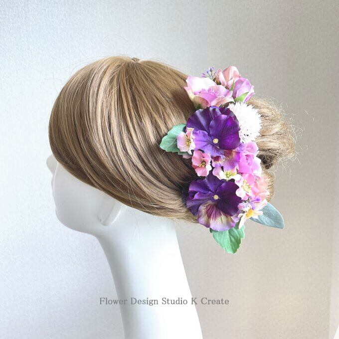 結婚式・成人式・卒業袴に♡紫のパンジーと薔薇のヘッドドレス　前撮り　髪飾り　ヘッドドレス　ヘッドピース　ウェディング
