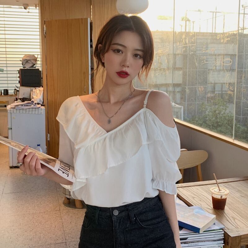 トップス シャツ サマー薄手Vネック 夏物 オフショルダー 1号婦人18613786993